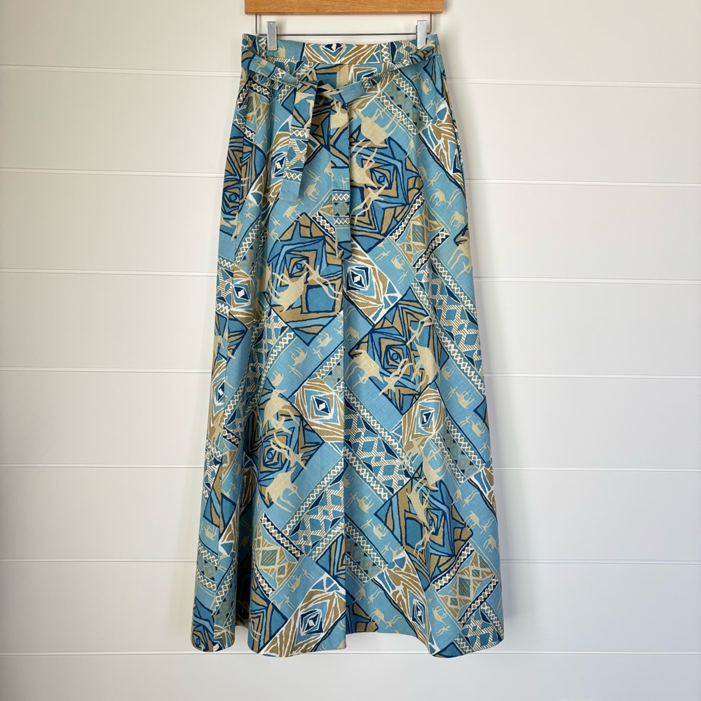 Vintage Kathleen Arnold Wrap Maxi Skirt Printed Animal Figures 70s Size Medium